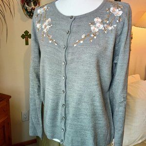 Carolyn Taylor - Crew Cardigan with Flower Applique